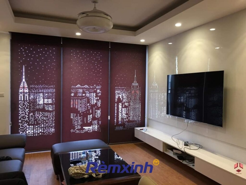 Rèm khắc laser phòng khách - tạo điểm nhấn sang trọng, ánh sáng xuyên hoa văn tinh tế.